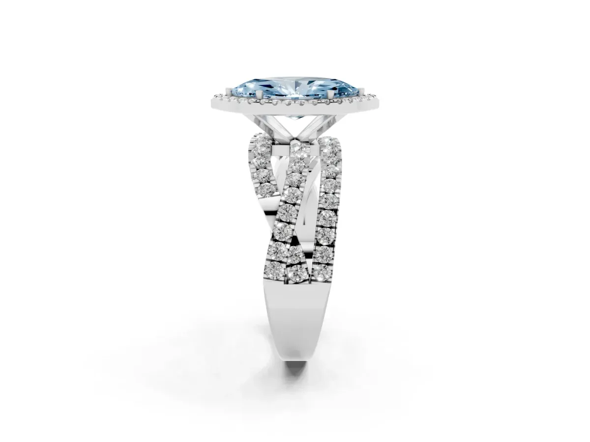 Fancy Blue Marquise Cut Diamond Halo Ring with Round Split Shank and Prong Setting Platinum