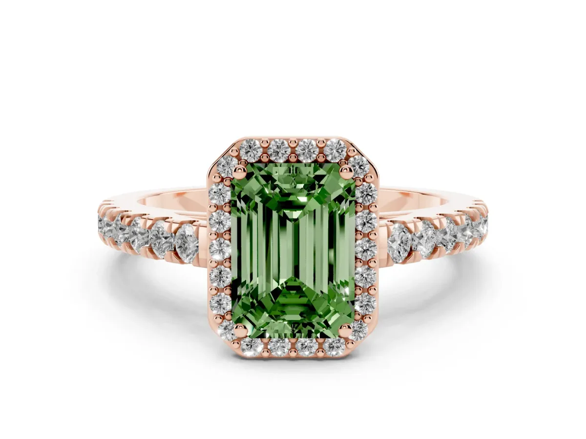 Fancy Green Emerald Cut Cut Halo Diamond Engagement Ring with Pave Band and Four-Prong Setting Rose gold