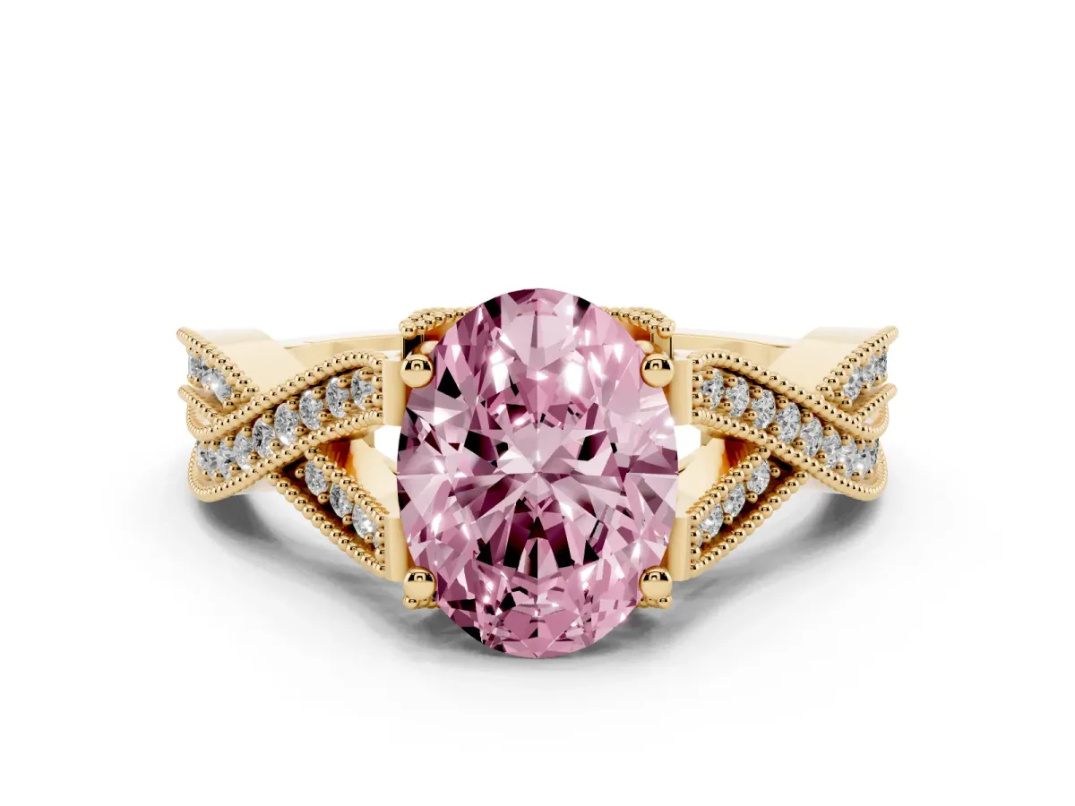 Fancy Pink Oval Cut Cut Diamond Twisted Band with Milgrain Pave Setting and Four-Prong Setting Yellow gold