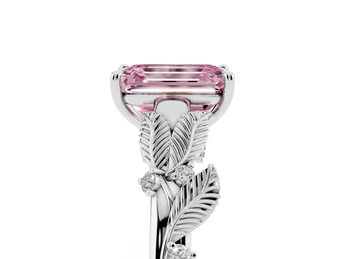 Fancy Pink Emerald Cut Diamond Solitaire Ring with Leaf Motif Band and Four-Prong Setting Silver