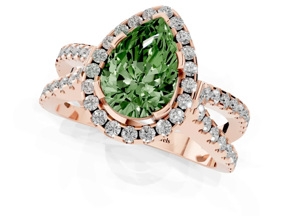 Fancy Green Pear Cut Diamond Halo Ring with Split Shank Pavé Band and Prong Setting Rose gold