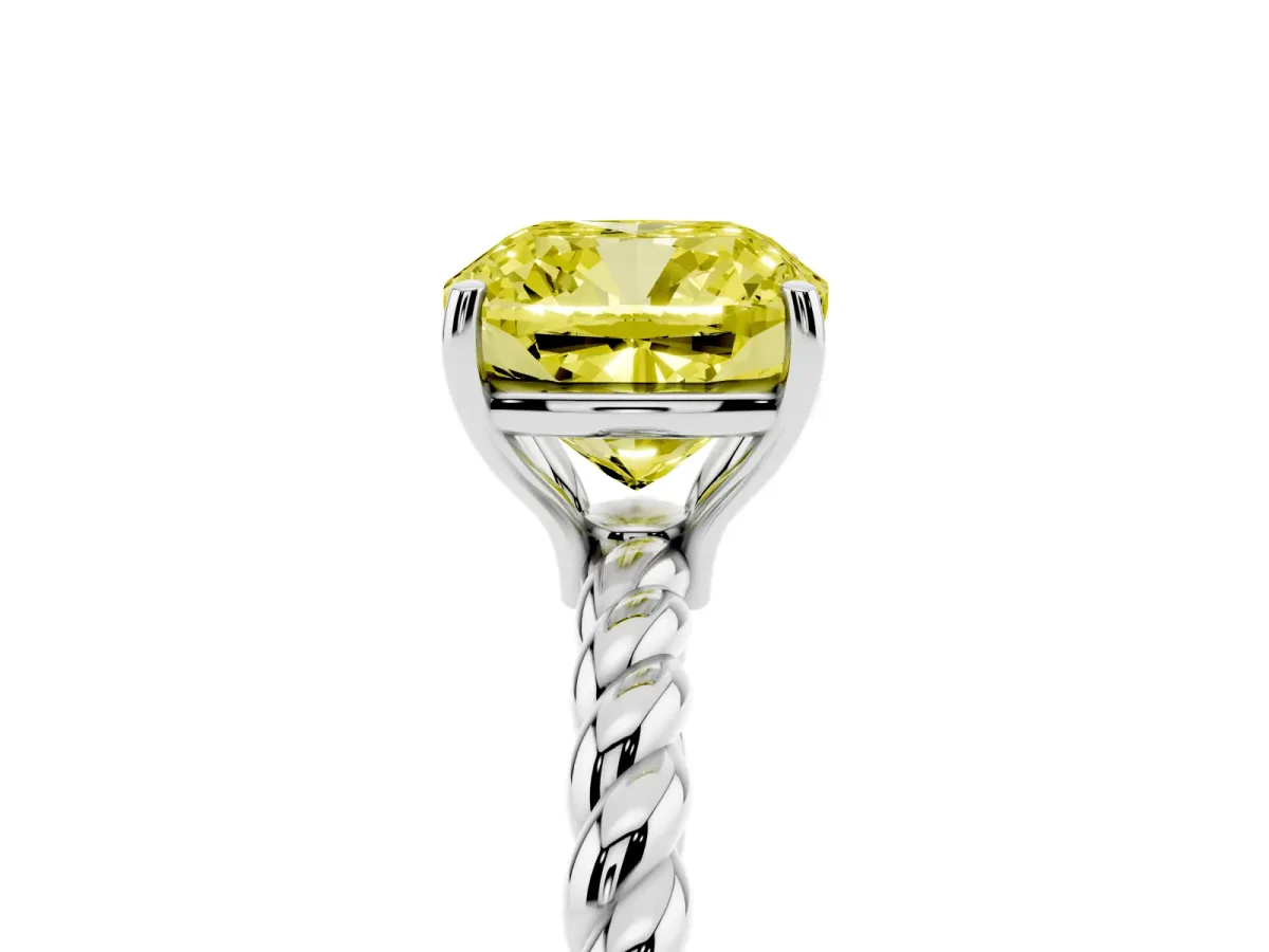 Fancy Yellow Cushion Cut Solitaire Twist Band Ring with Four-Prong Setting Platinum
