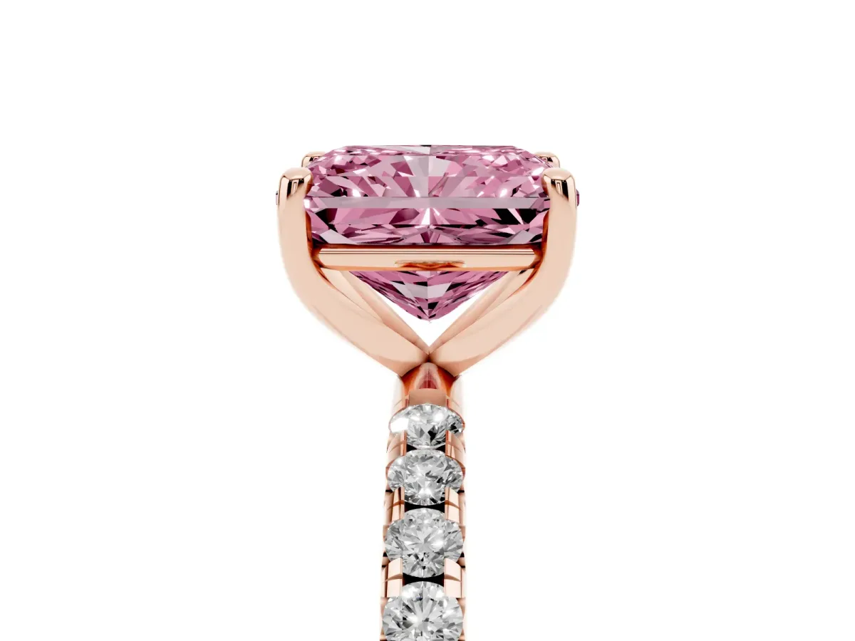 Fancy Pink Radiant Cut Cut Diamond Solitaire Ring with Micro Pave Band and Four Prong Setting Rose gold