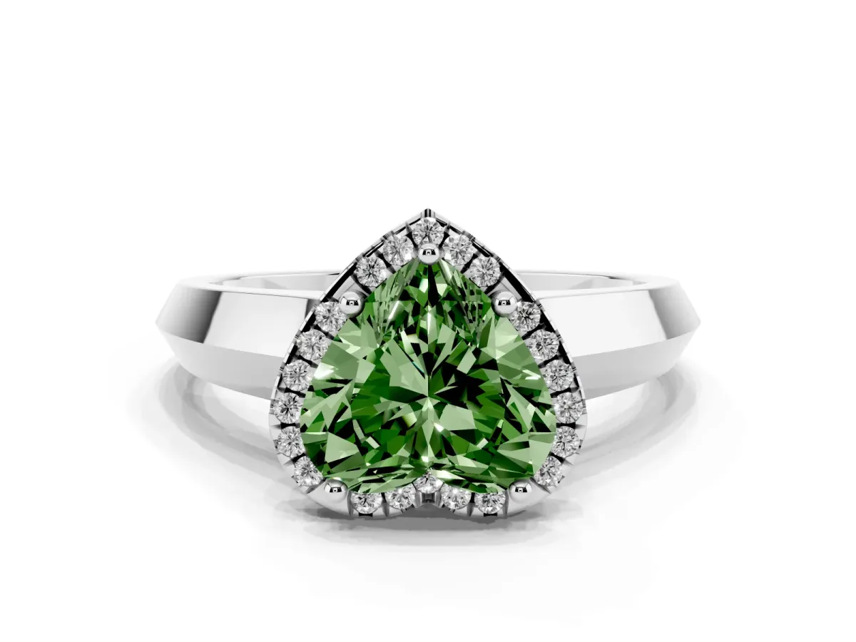 Fancy Green Heart Cut Halo Diamond Ring with Cathedral Band and Four-Prong Setting White gold