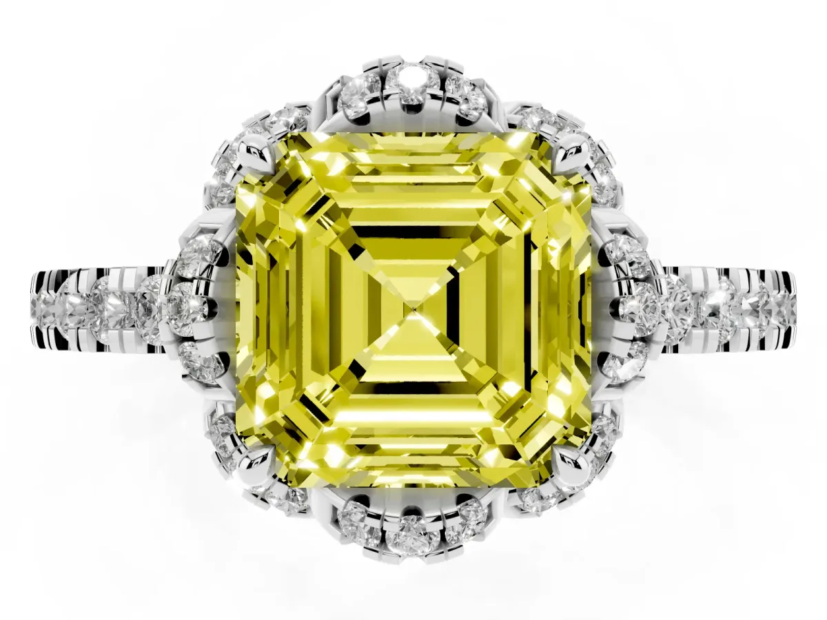 Fancy Yellow Asscher Cut Halo Diamond Pave Band Ring with Four-Prong Setting Silver