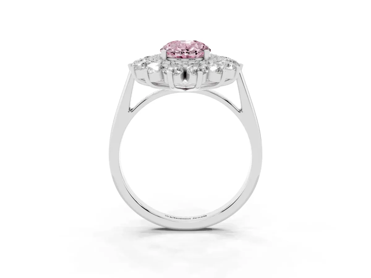 Fancy Pink Oval Cut Diamond Floral Double Halo Engagement Ring with Prong Setting Platinum