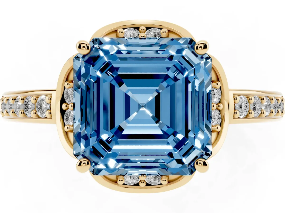 Fancy Blue Asscher Cut Cut Halo Diamond Ring with Channel Set Band and Four-Prong Setting Yellow gold