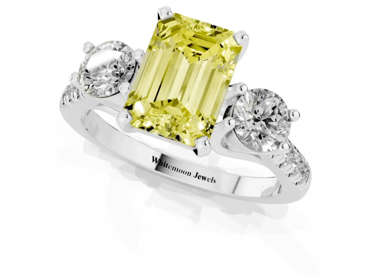 Fancy Yellow Three-Stone Emerald Cut Diamond Pavé Band with Four-Prong Setting Silver