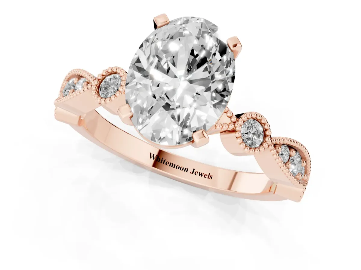 Oval Cut Milgrain Bezel Diamond Engagement Ring with Solitaire Prong Setting Rose gold
