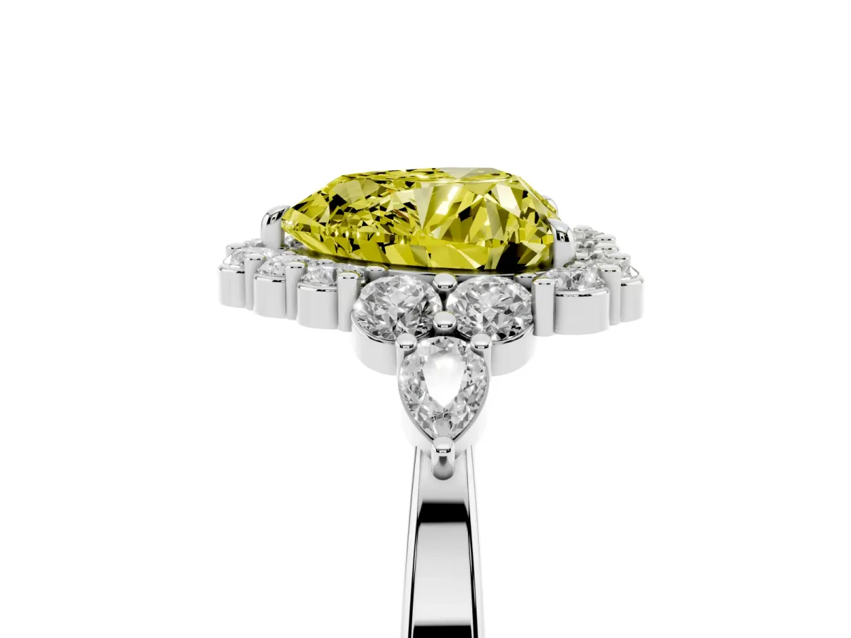 Fancy Yellow Heart Cut Diamond Halo Ring with Pear Side Stones and Prong Setting Silver