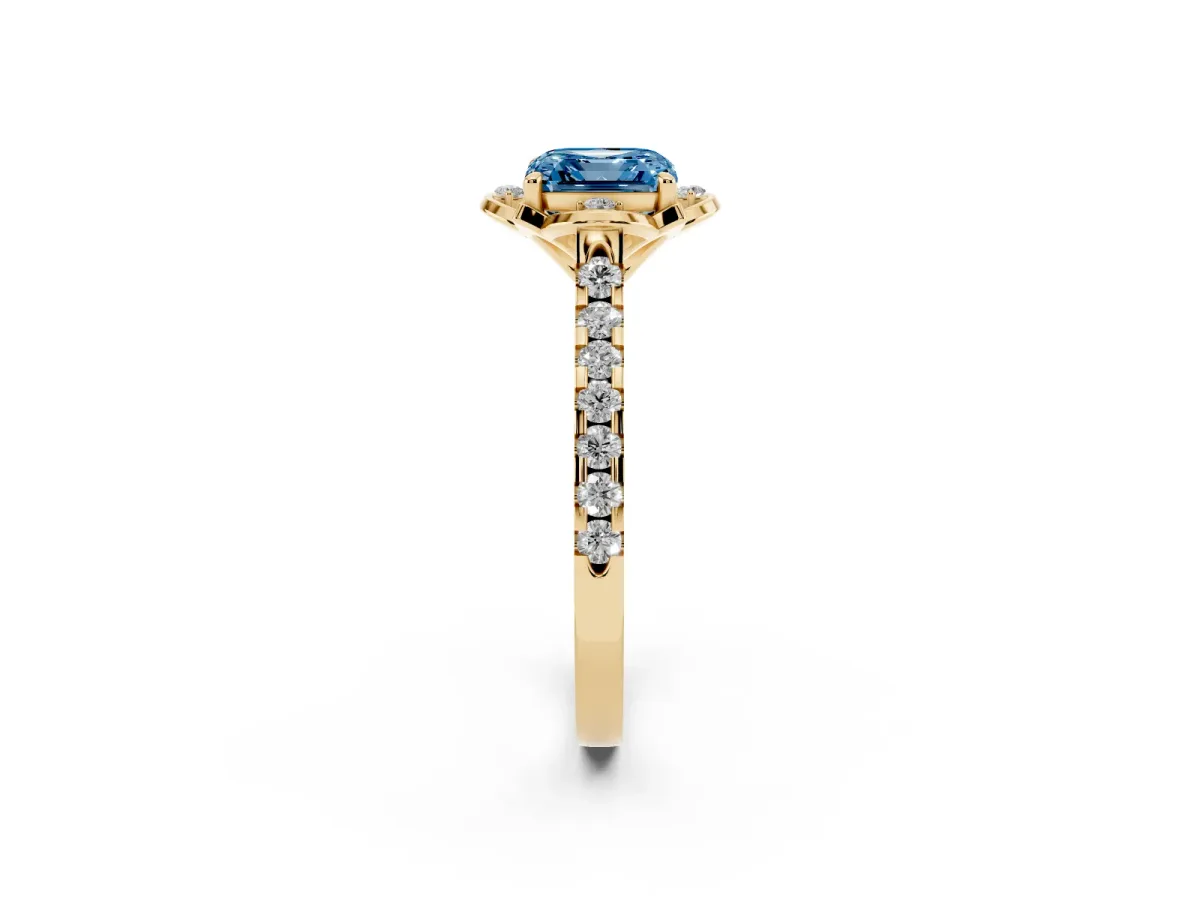 Fancy Blue Asscher Cut Diamond Ring with Pavé Band and Floral Prong Setting Yellow gold