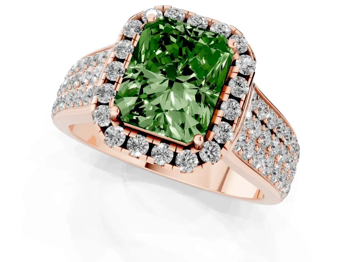 Fancy Green Radiant Cut Halo Round Diamond Pave Band with Prong Setting Rose gold