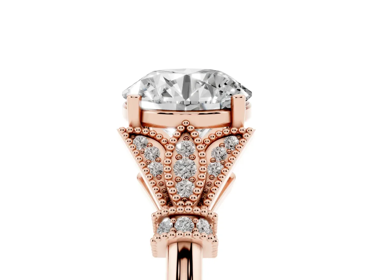 Round Cut Diamond Solitaire Ring with Floral Filigree and Pave Accents Rose gold