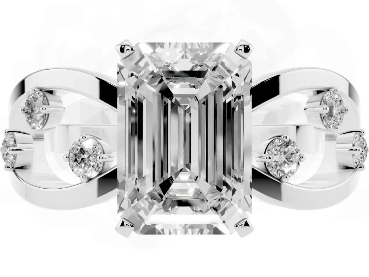 Emerald Cut Cut Solitaire Diamond with Side Stones on Criss-Cross Band and Four-Prong Setting Platinum
