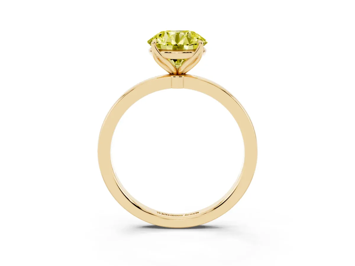 Fancy Yellow Round Cut Diamond Solitaire Ring with Thin Band and Prong Setting Yellow gold