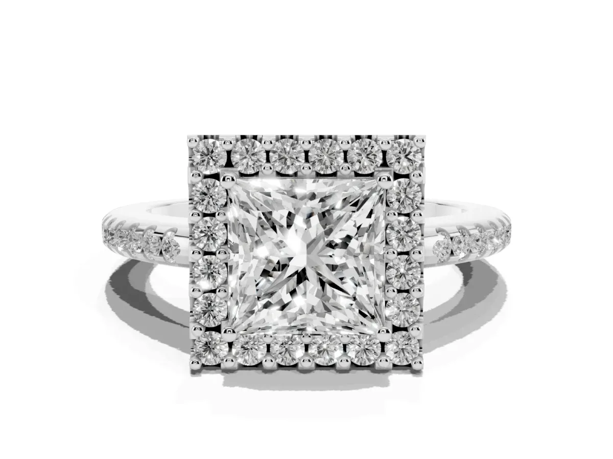 Princess Cut Diamond Pavé Halo Ring with Four-Prong Setting Silver