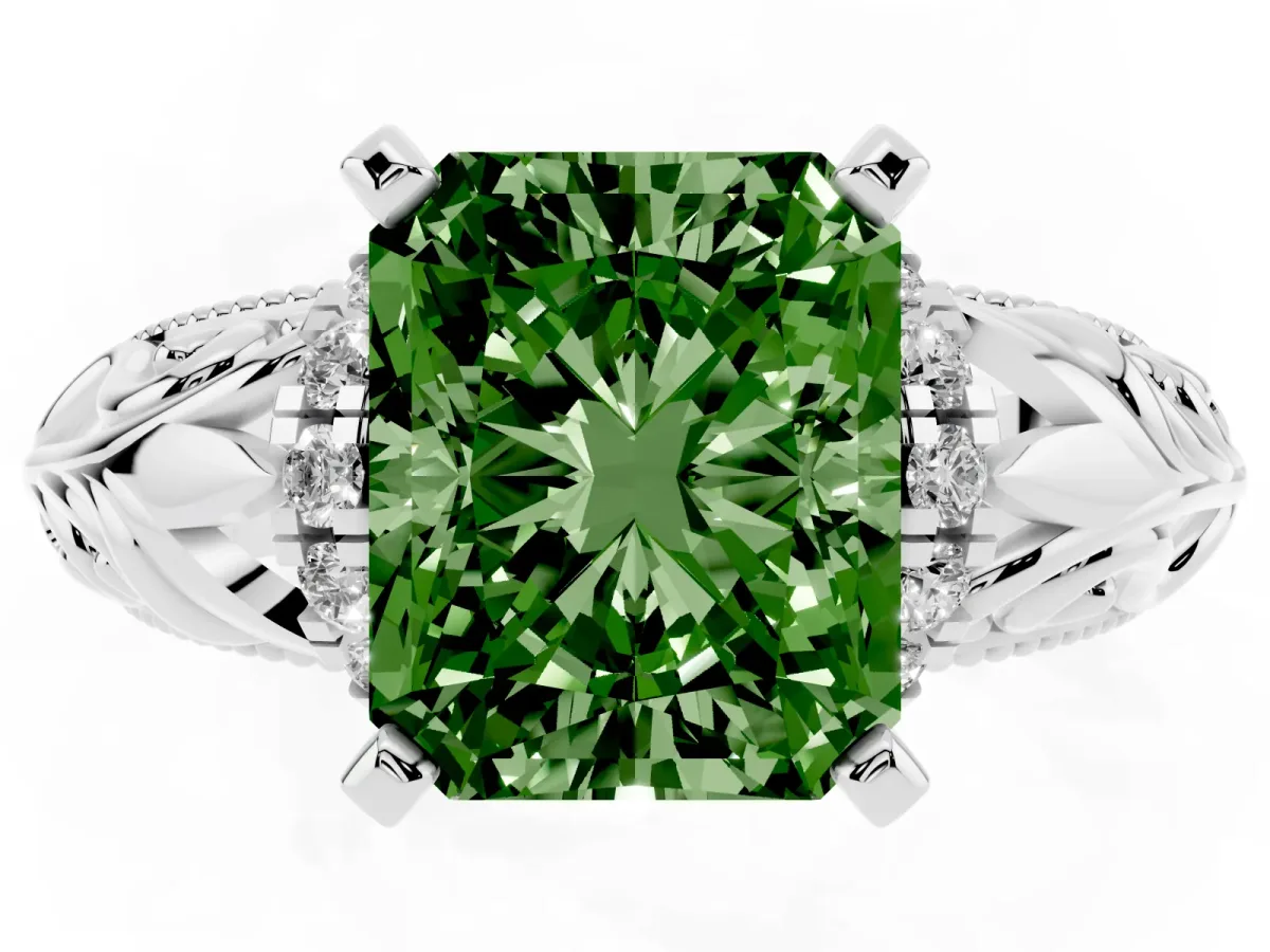 Fancy Green Radiant Cut Solitaire Filigree Engagement Ring with Halo and Prong Setting White gold