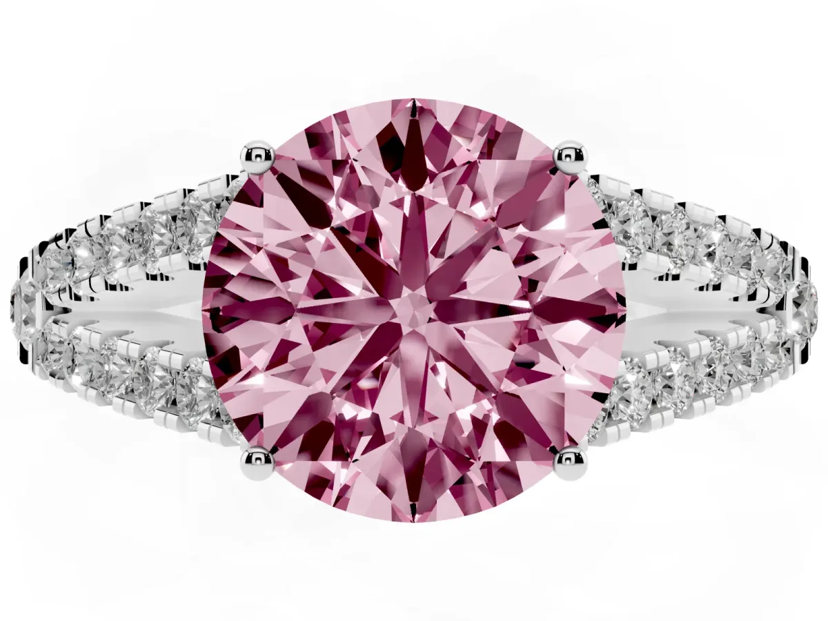 Fancy Pink Round Cut Diamond Split Shank Pavé Engagement Ring with Four-Prong Setting White gold