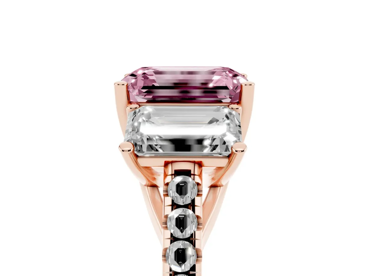 Fancy Pink Three-Stone Emerald Cut Diamond Ring with Round Pavé Band and Prong Setting Rose gold
