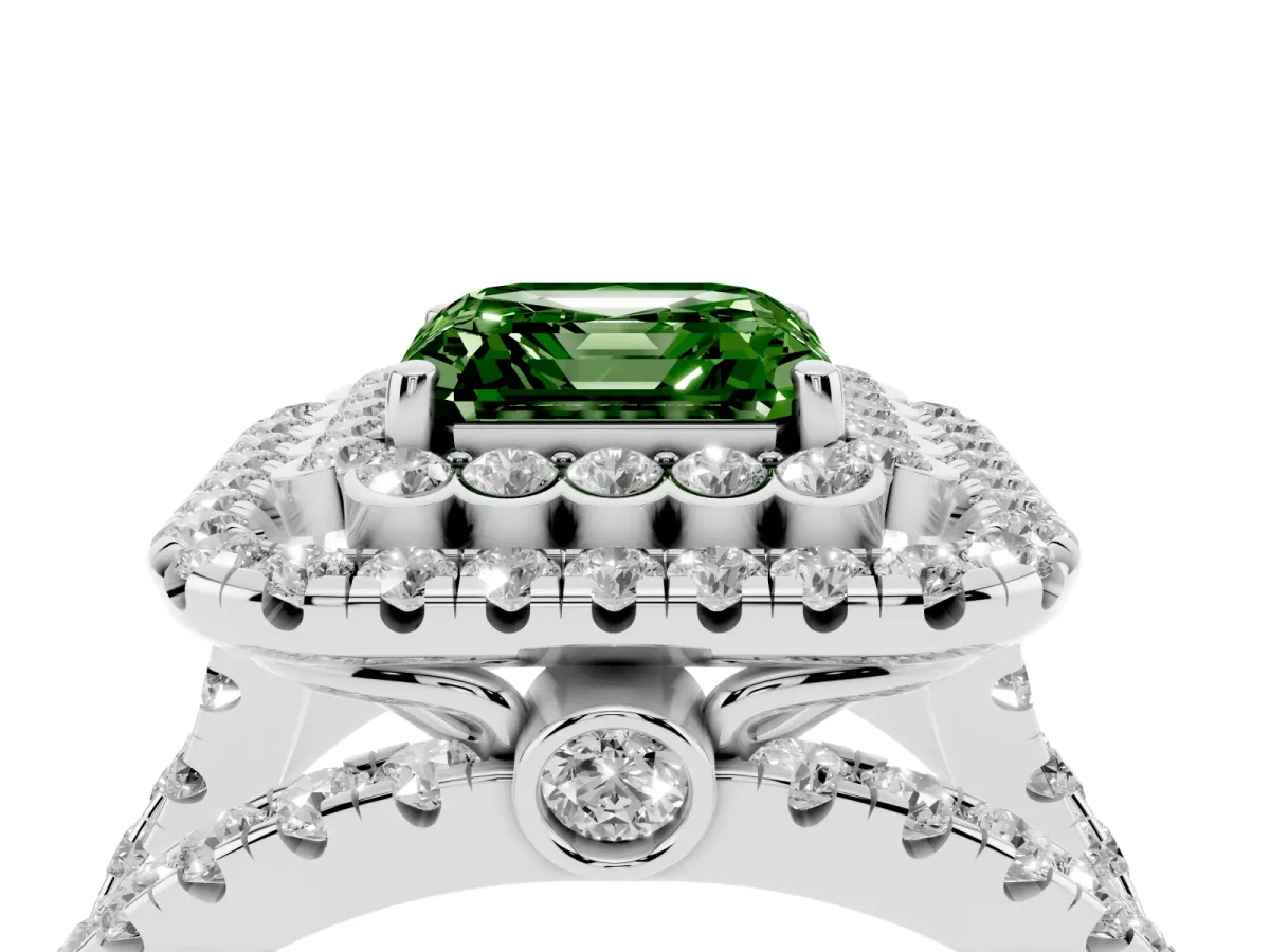 Fancy Green Asscher Cut Diamond Double Halo Ring with Round Pavé Split Shank and Prong Setting Silver