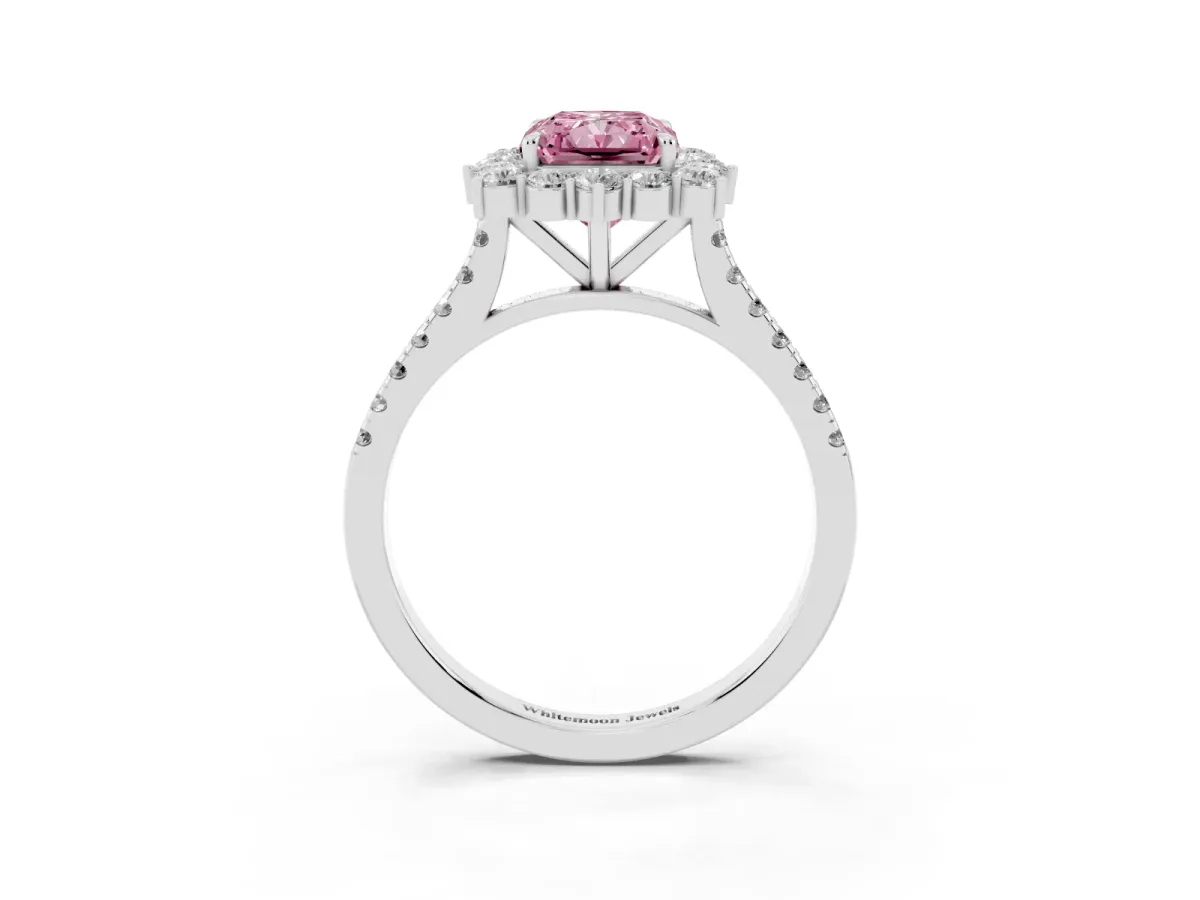 Fancy Pink Radiant Cut Halo Diamond Ring with Pavé Band and Prong Setting Silver