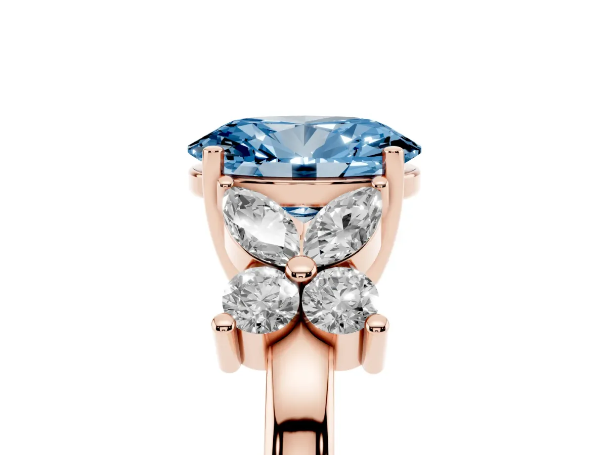 Fancy Blue Oval Cut Diamond Floral Cluster Ring with Solitaire Band and Prong Setting Rose gold