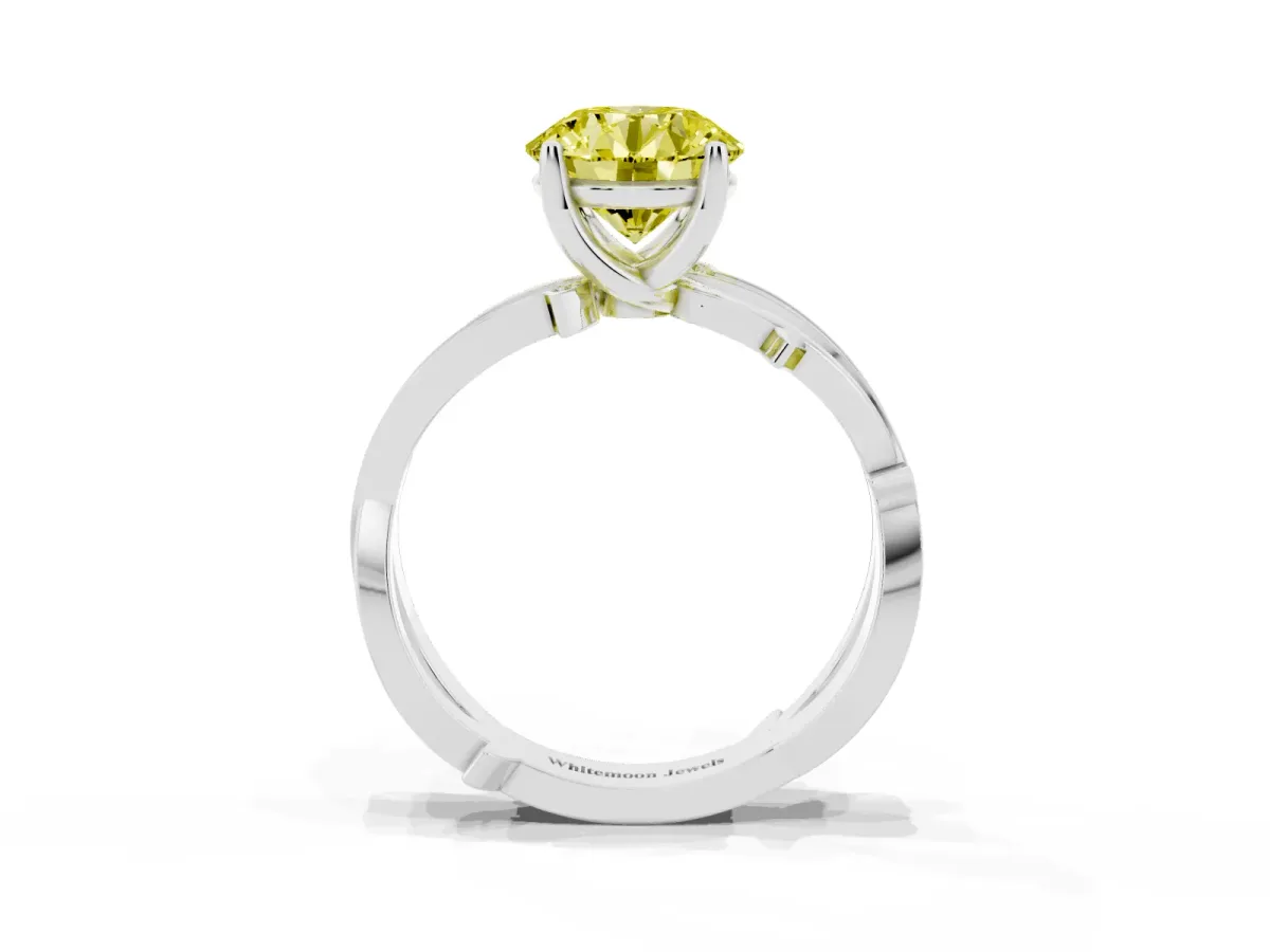Fancy Yellow Round Cut Solitaire Twist Band with Pavé Accents and Four-Prong Setting White gold