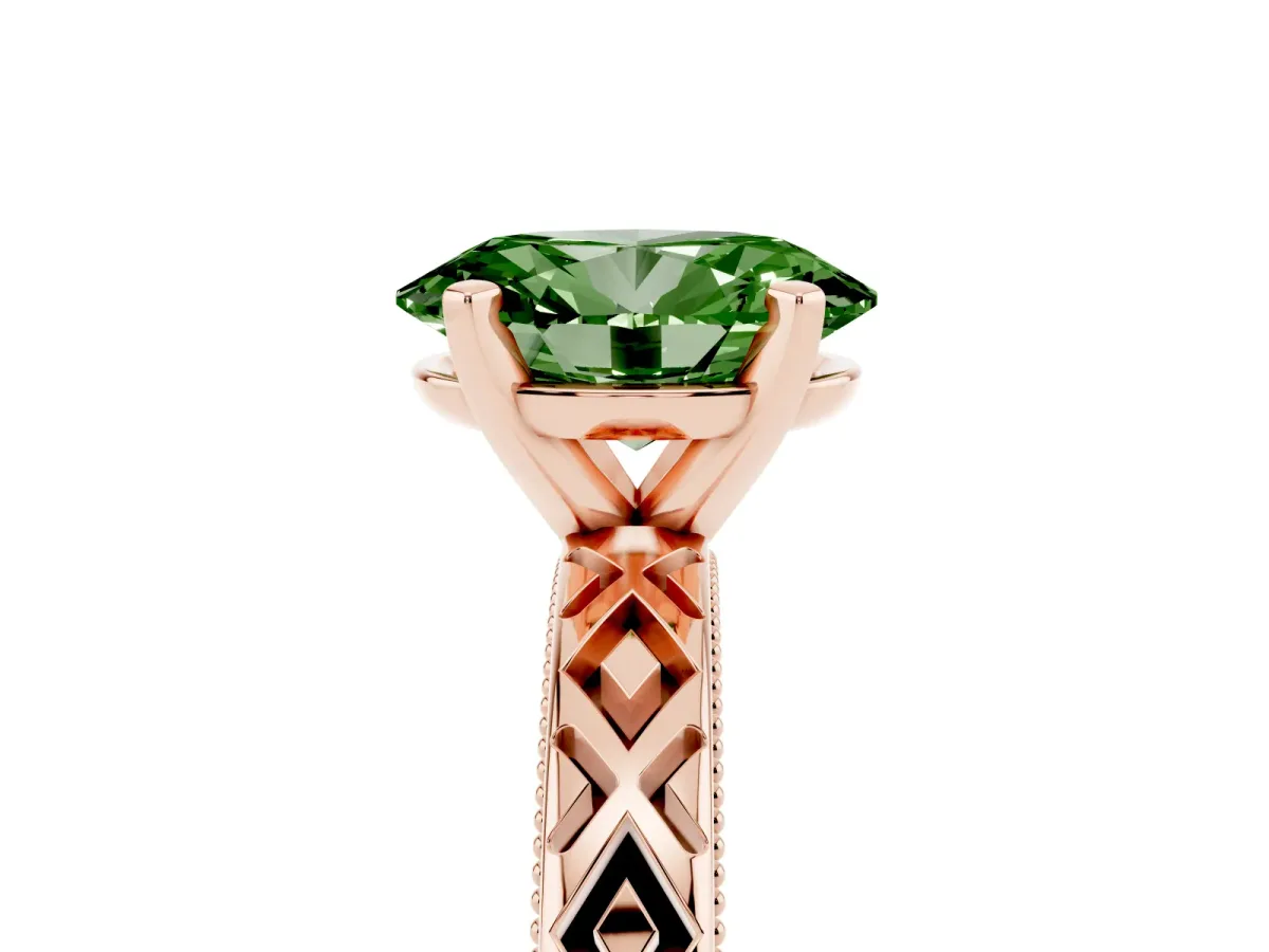 Fancy Green Oval Cut Solitaire Diamond Ring with Milgrain and Black Enamel X Pattern Band Rose gold