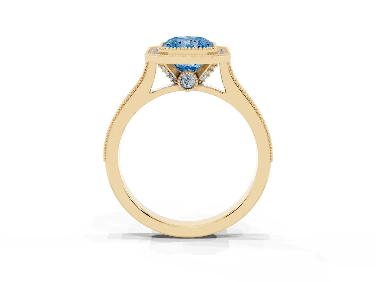 Fancy Blue Halo Radiant Cut-Cut Diamond Pave Band Milgrain Prong Setting Ring Yellow gold