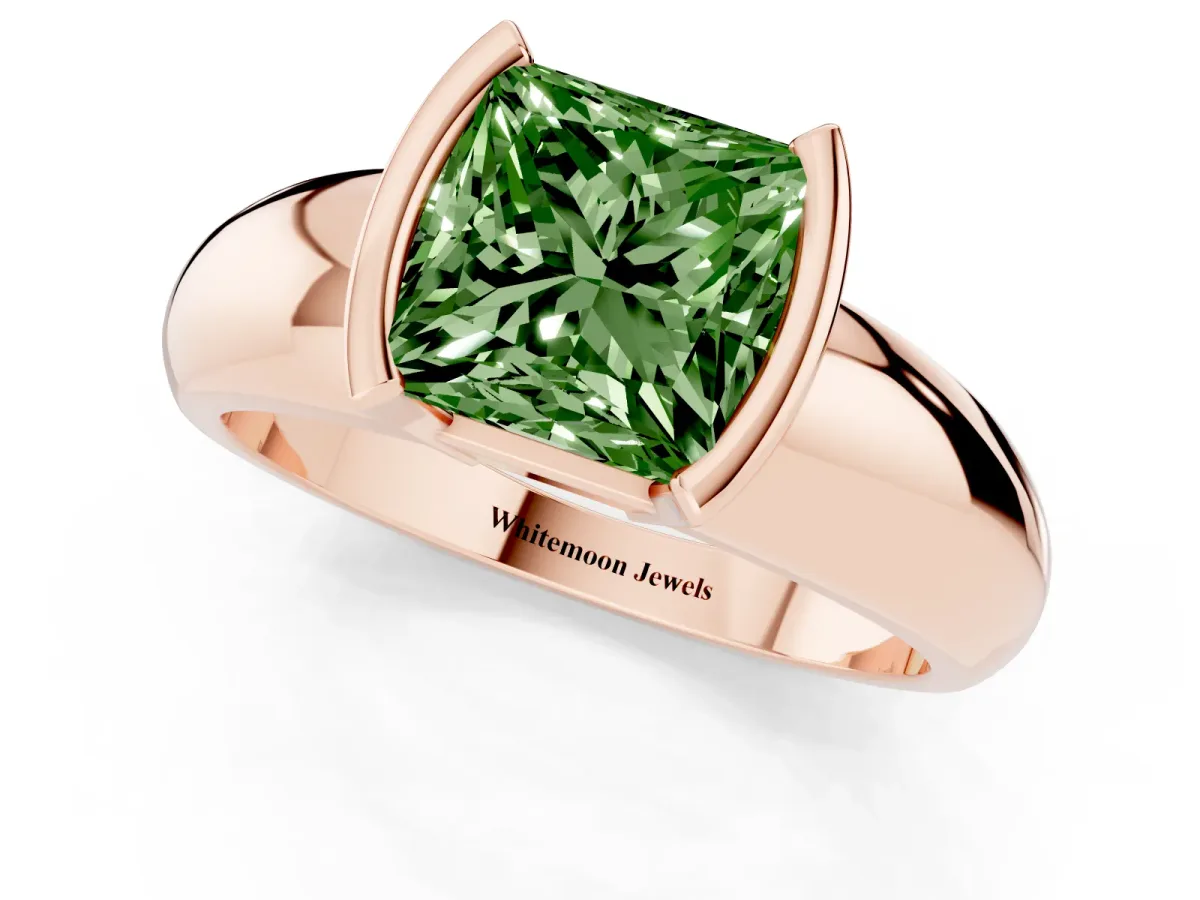 Fancy Green Princess Cut Solitaire Tension Set Diamond Ring with Wide Band Rose gold