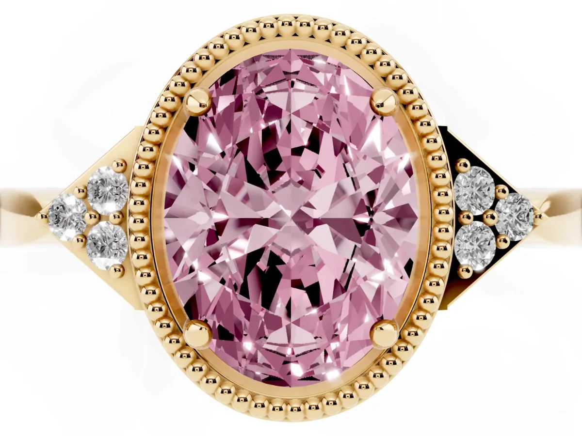 Fancy Pink Hexagonal Halo Oval Cut Diamond Solitaire with Pavé Band and Four-Prong Setting Yellow gold
