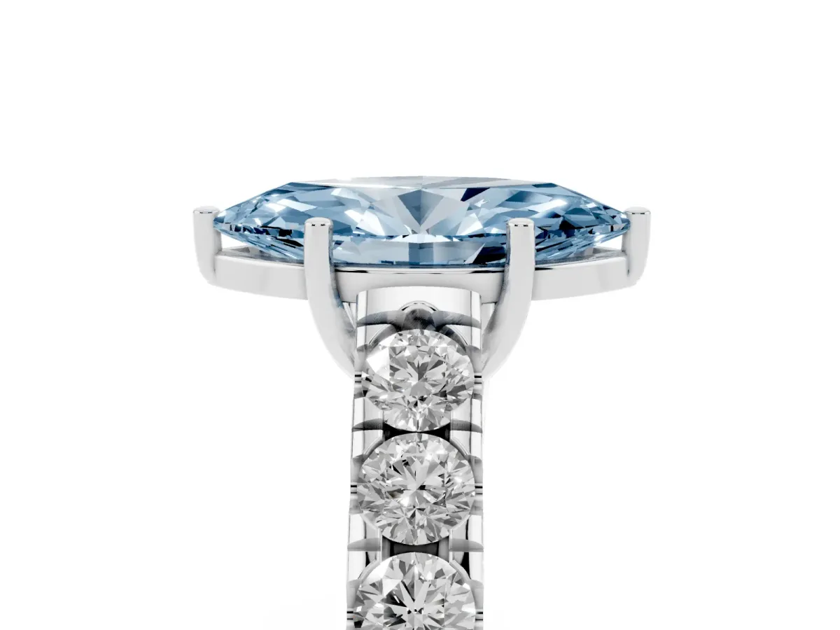 Fancy Blue Marquise Cut Cut Diamond Solitaire Ring with Micro Pave Band and Prong Setting Silver