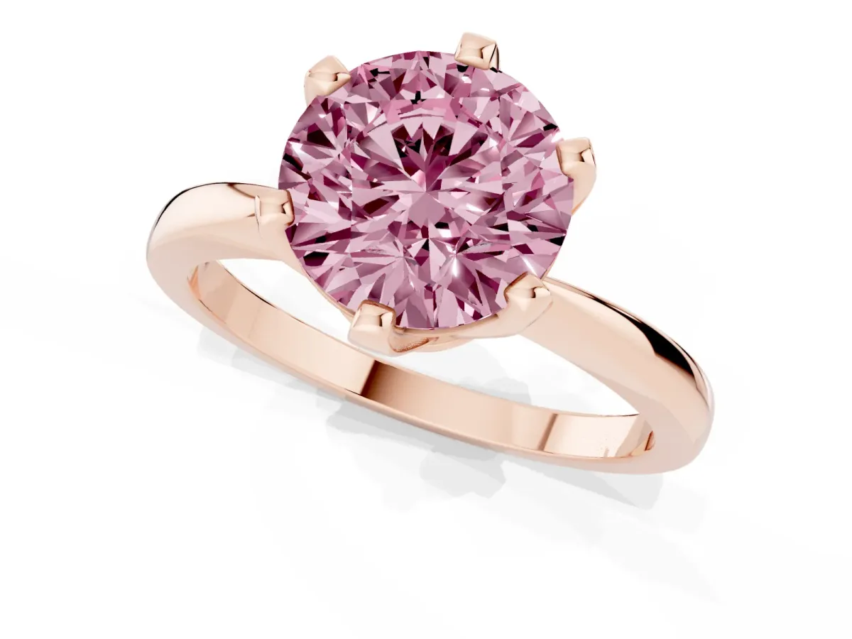 Fancy Pink Round Cut Solitaire Engagement Ring with Six-Prong Setting and Tapered Band Rose gold