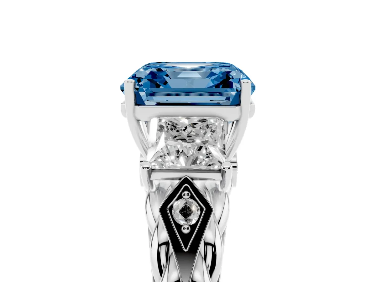 Fancy Blue Three-Stone Asscher Cut Diamond Braided Band Ring with Four-Prong Setting Platinum