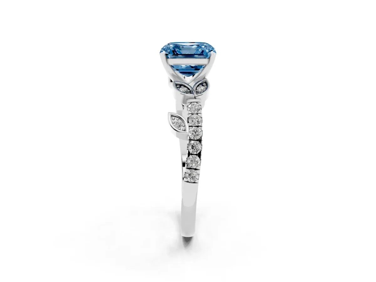 Fancy Blue Asscher Cut Solitaire Leaf-Inspired Diamond Ring with Pavé Band and Four-Prong Setting Silver
