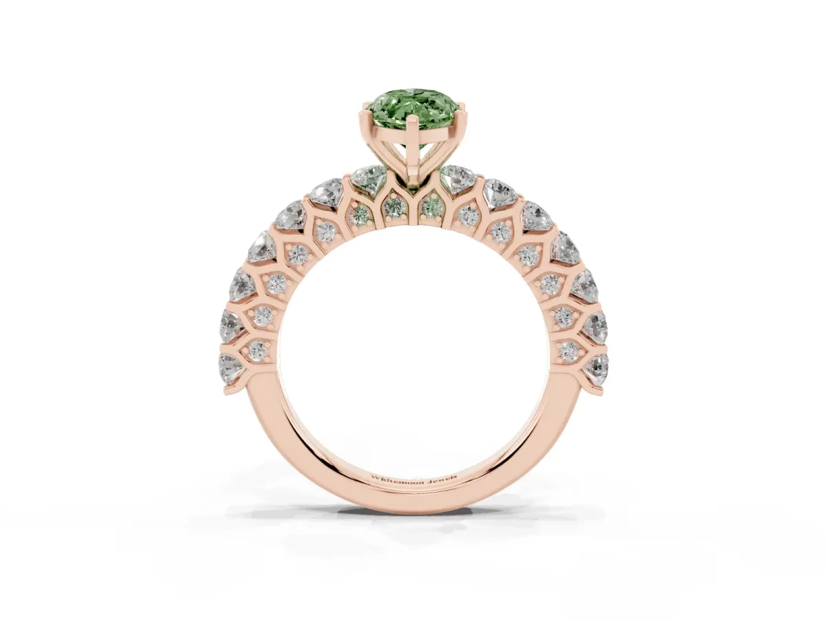 Fancy Green Marquise Cut Diamond Solitaire Ring with Shared Prong Pavé Band and Four-Prong Setting Rose gold