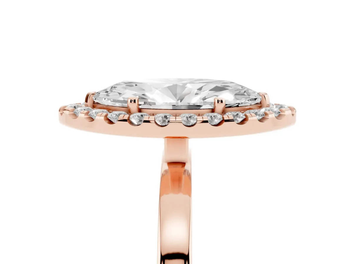 Marquise Cut Halo Diamond Solitaire with Pavé Band and Four-Prong Setting Rose gold