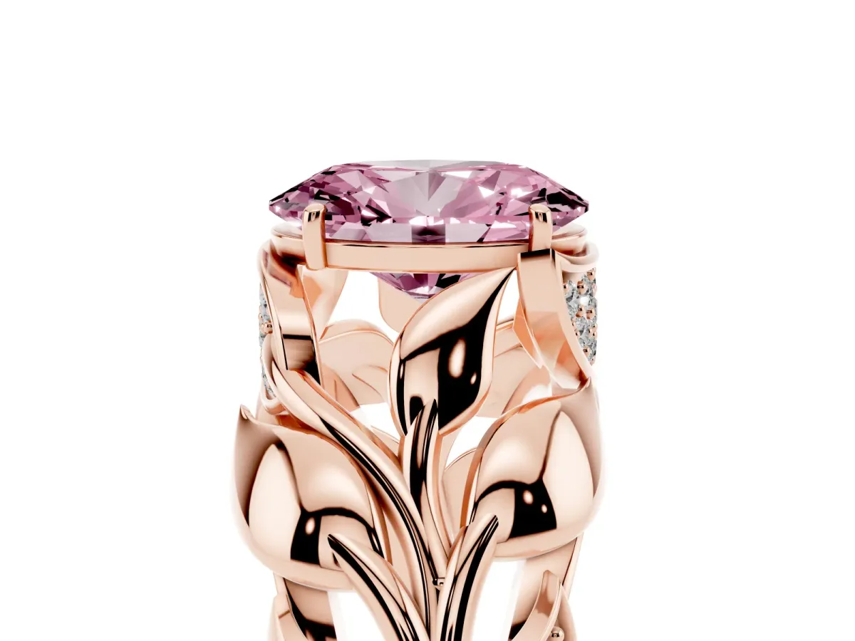 Fancy Pink Oval Cut Diamond Leaf-Inspired Engagement Ring with Round Accents and Prong Setting Rose gold