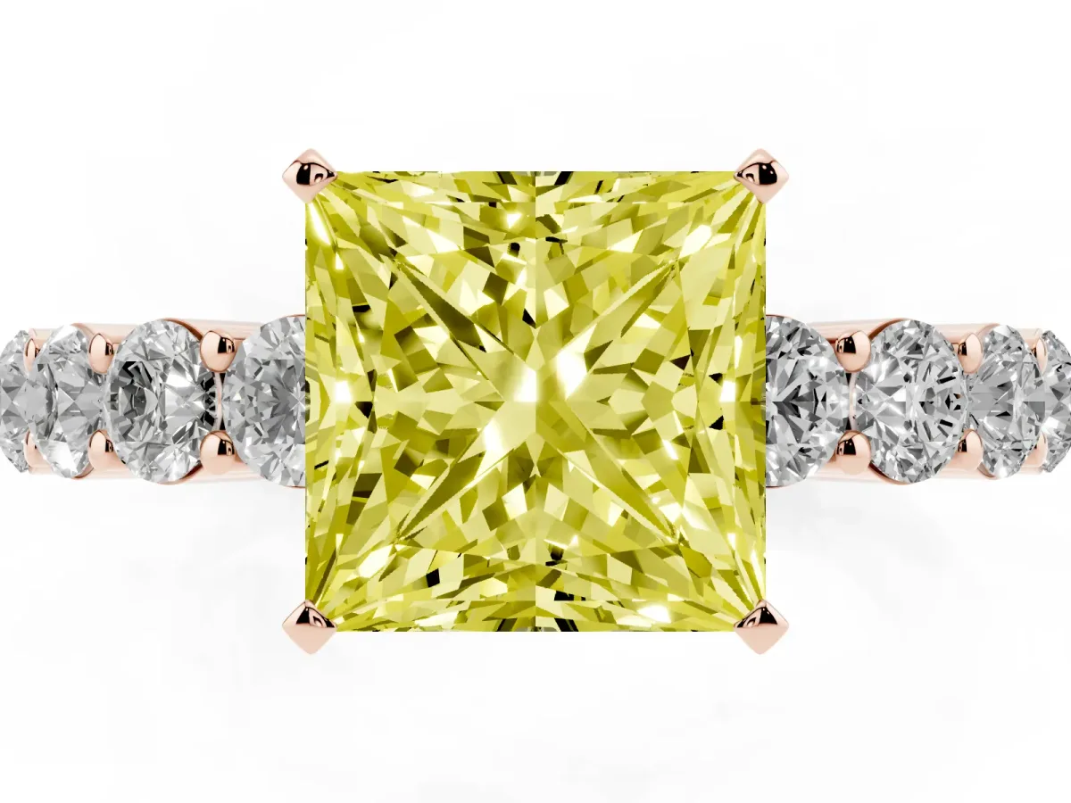 Fancy Yellow Princess Cut Diamond Solitaire Ring with Shared Prong Round Side Stones Rose gold