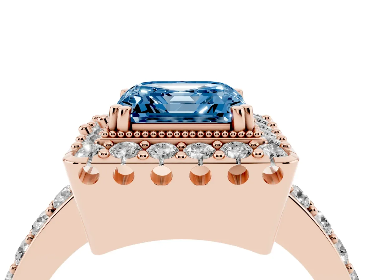 Fancy Blue Asscher Cut Diamond Halo Ring with Pavé Band and Prong Setting Rose gold