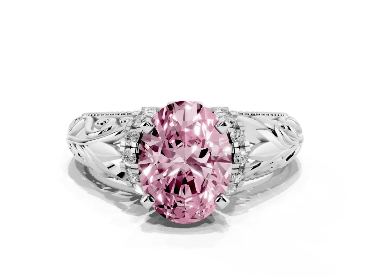 Fancy Pink Oval Cut Solitaire Filigree Engagement Ring with Halo and Prong Setting White gold