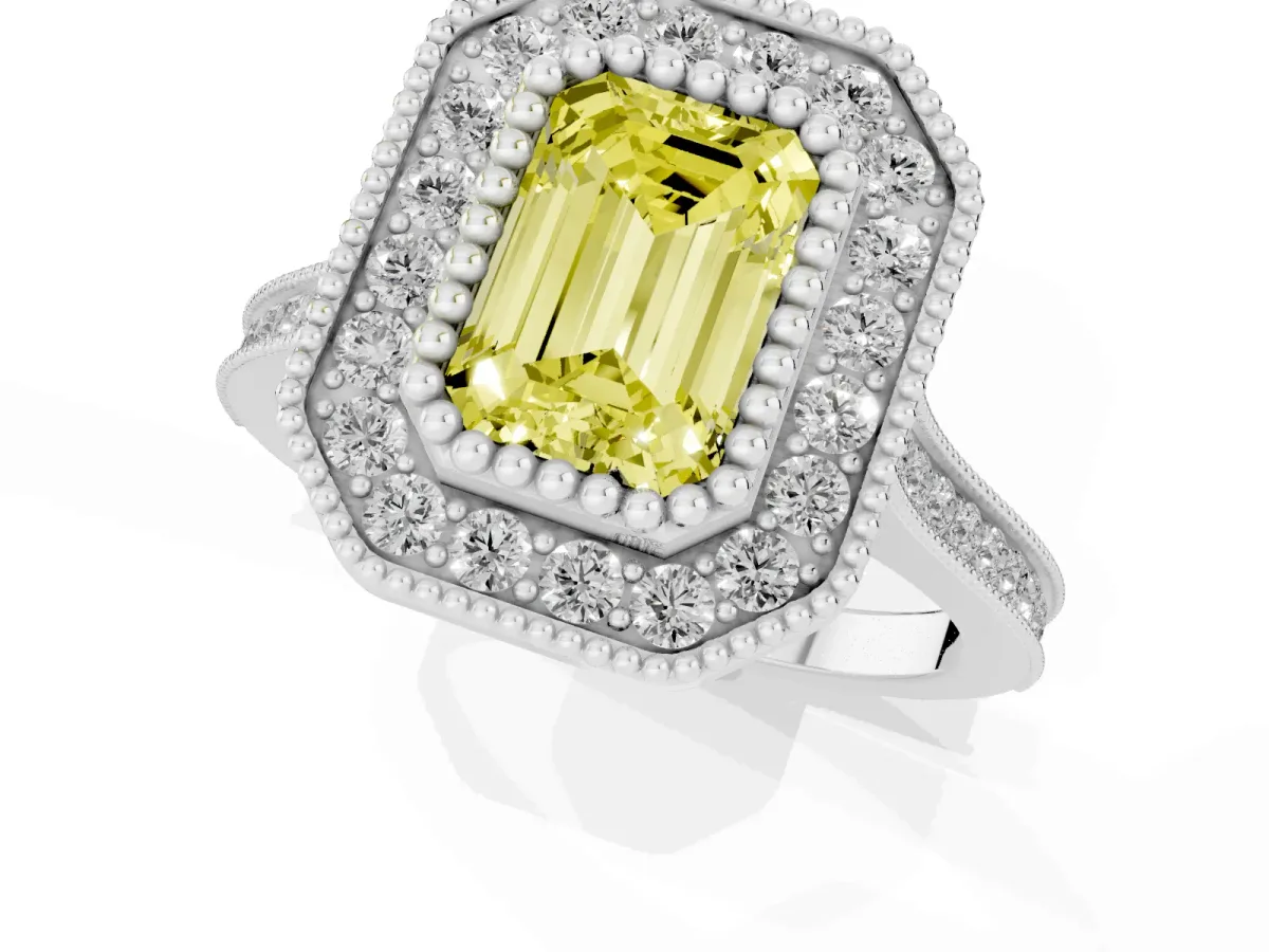 Fancy Yellow Emerald Cut Diamond Halo Ring with Milgrain Frame and Pavé Band Platinum