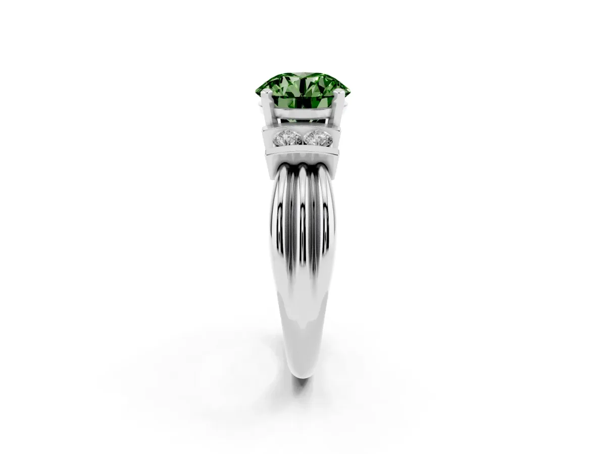Fancy Green Round Cut Cut Three-Stone Channel Set Ring with Bar Prongs Silver