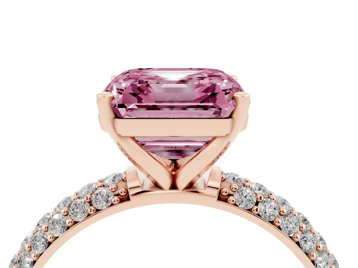 Fancy Pink Asscher Cut Diamond Solitaire Ring with Prong Setting and Pavé Band Rose gold