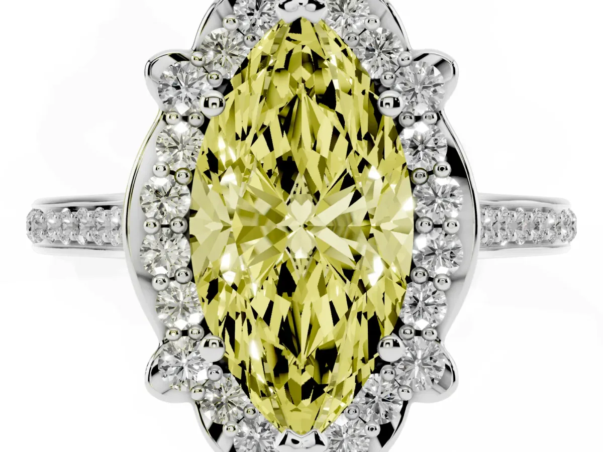 Fancy Yellow Marquise Cut Halo Round Diamond Pave Band with Four-Prong Setting Platinum