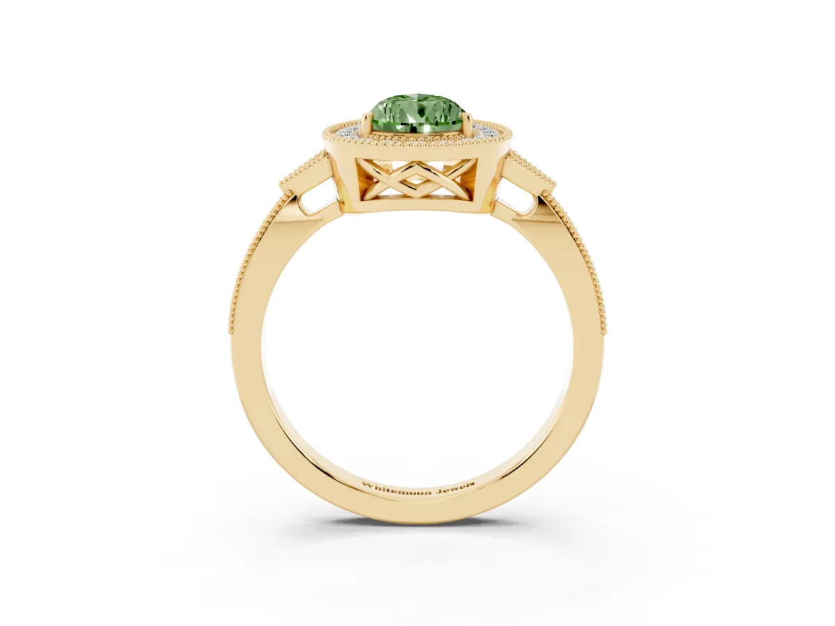 Fancy Green Pear Cut Halo Round Diamond Milgrain Pave Engagement Ring Yellow gold