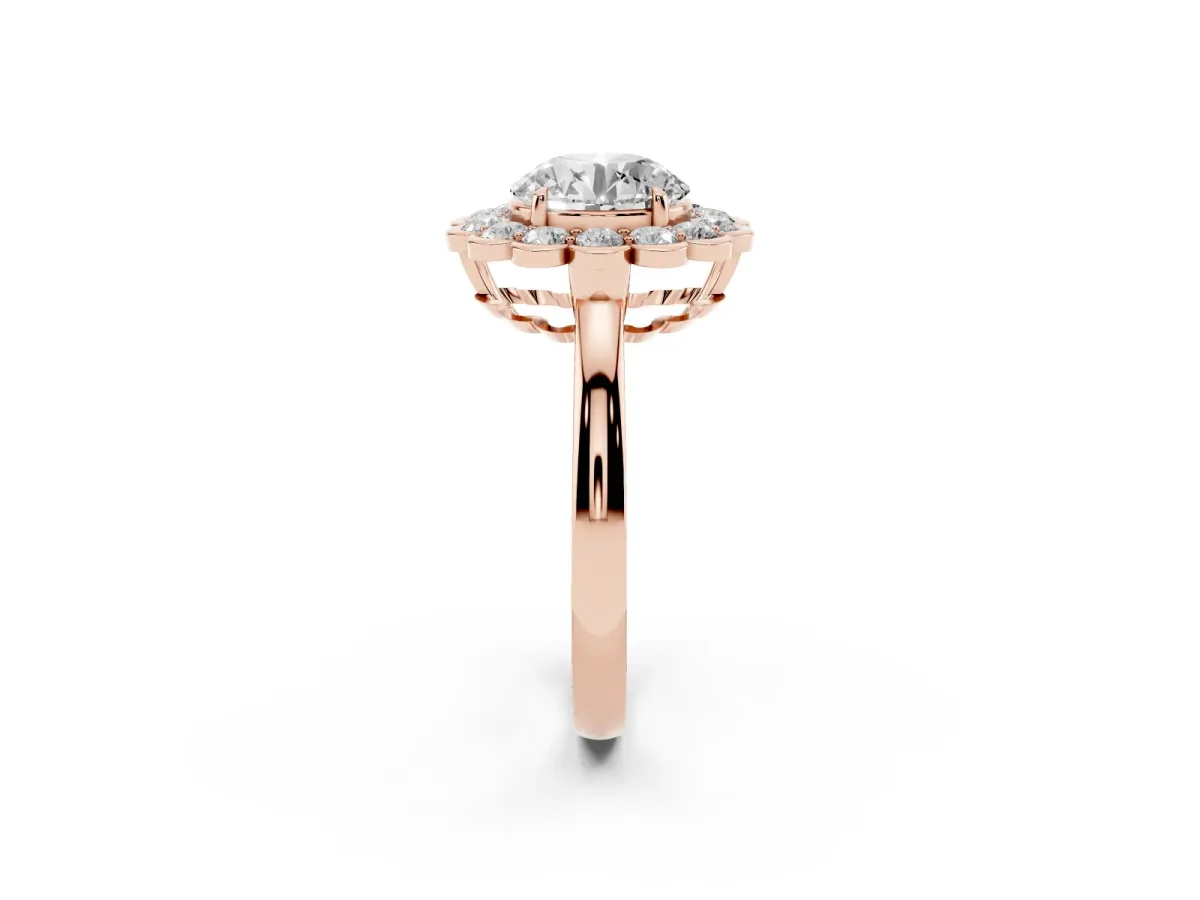 Round Cut Halo Cluster Diamond Engagement Ring with Solitaire Band and Prong Setting Rose gold