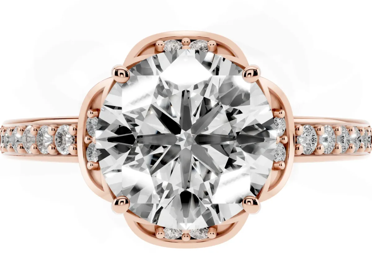 Round Cut Cut Halo Diamond Ring with Channel Set Band and Four-Prong Setting Rose gold