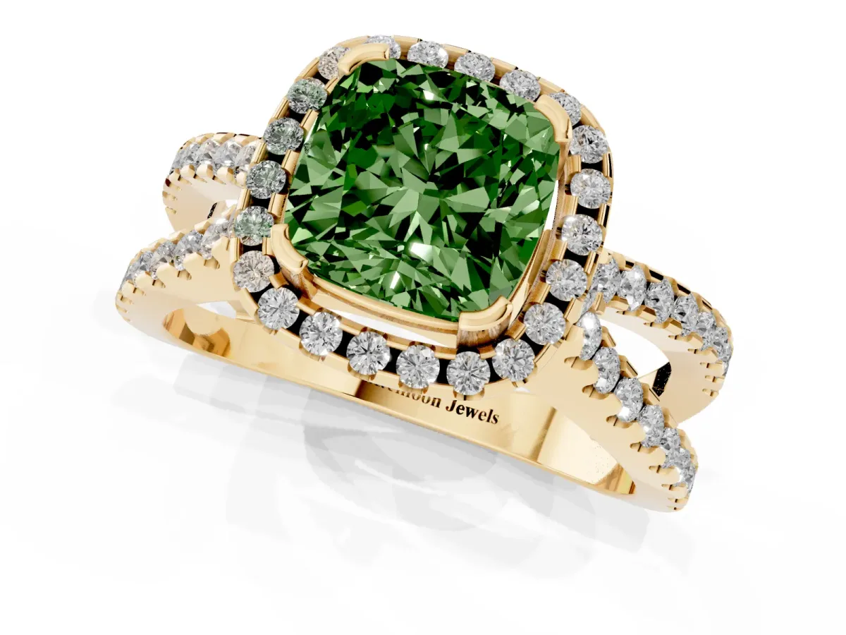 Fancy Green Cushion Cut Diamond Halo Ring with Split Shank Pavé Band and Prong Setting Yellow gold