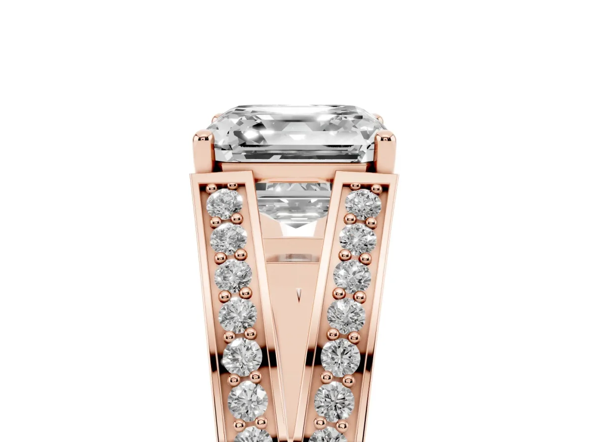 Asscher Cut Diamond Split Shank Ring with Pavé Band and Four-Prong Setting Rose gold